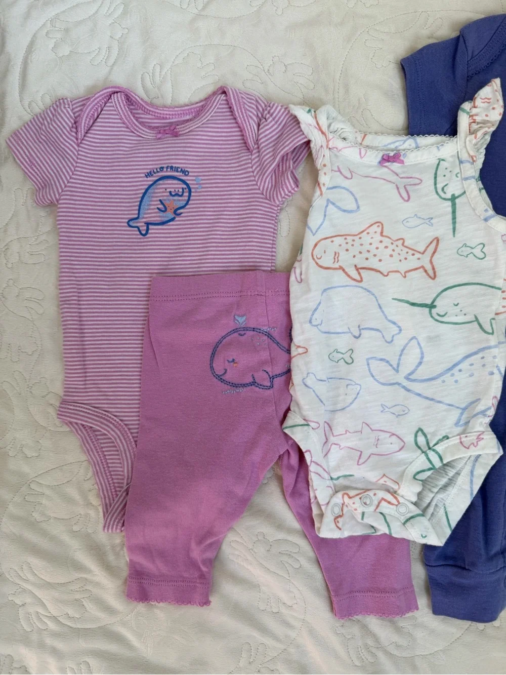 3/$15 | 4-Piece Outfit Set 3M Romper 2 Bodysuits Pant Narwal Nautical Purple